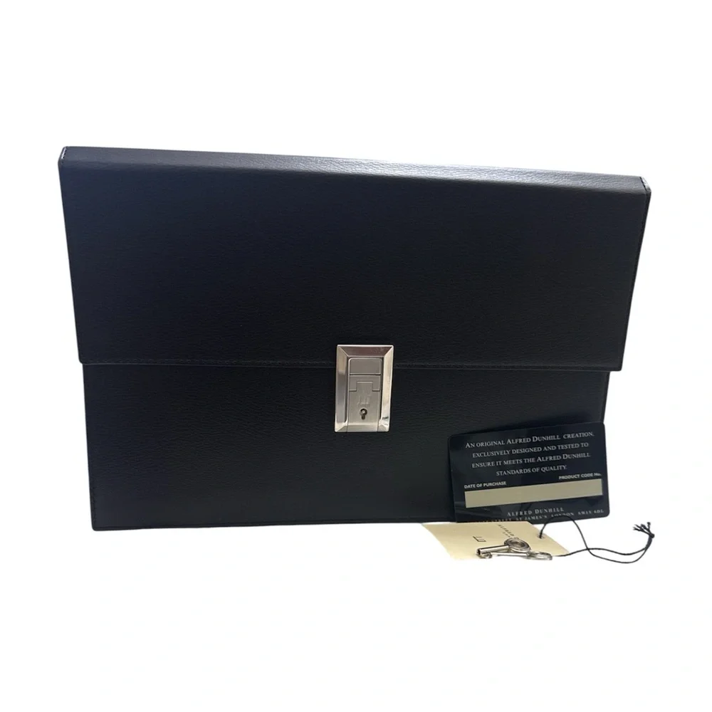 Dunhill Black Leather Document Holder Handbag with Keys, Org. Tag and COA Card